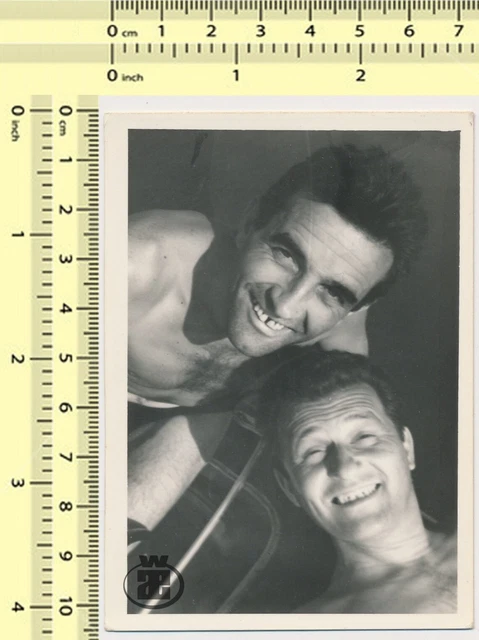 173 Two Handsome Guys Smiling Men Shirtless Portrait Beach Closeness old photo