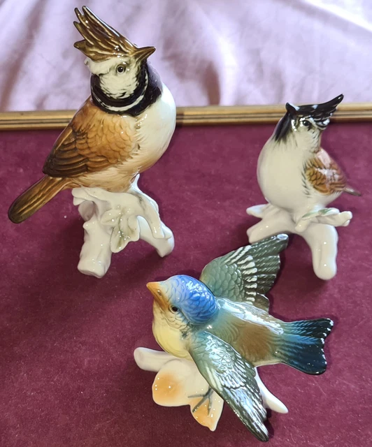 Karl ENS : Collection de 3 oiseaux sur branche en porcelaine polychrome