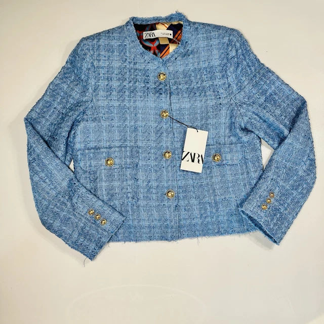 ZARA BLUE TWEED Blazer Jacket with Gold Buttons Size Large NWT