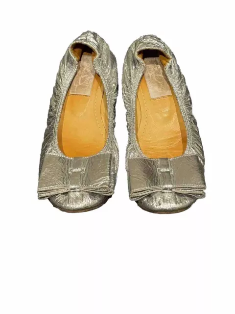 Authentic LANVIN BOW Silver Foil Women’s Ballet Flats Shoes FR 38 US 7.5 Leather