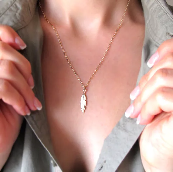 Gold Feather Pendant Necklace 14K Gold Filled Jewelry Delicate Dainty Necklace