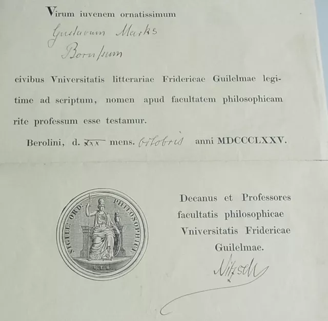 Lat. Immatrikulationszeugnis Berlin 1875, Signature Karl Wilhelm Nitzsch