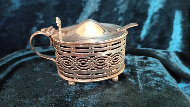 Silver mustard pot silver spoon Bristol blue glass liner