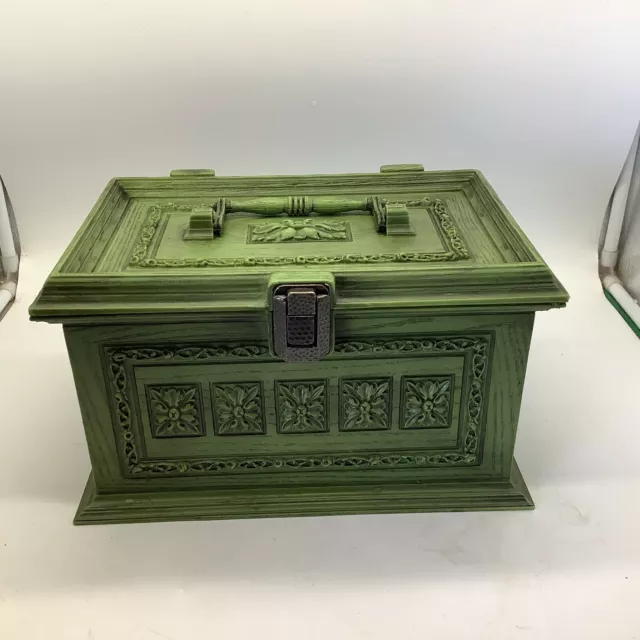 1960s Max Klein Avocado Green Plastic Faux Wood Sewing Box Chest #SC-1280 Full