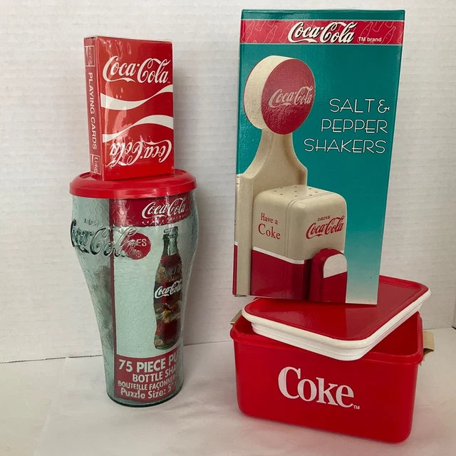 Coca-Cola COKE Lot Salt n Pepper Shakers Puzzle Bridge Cards Trinket Box Vintage
