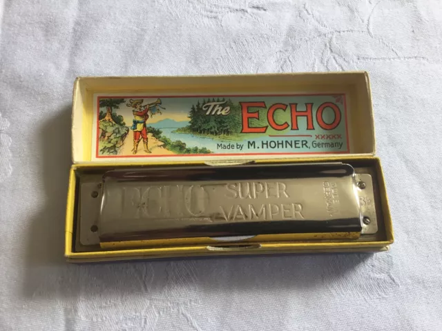 Vintage M.Hohner Mundharmonika ECHO SUPER VAMPER' Bb Key' in OVP