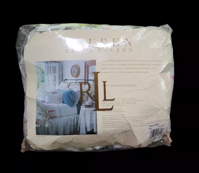 NOS Ralph Lauren Home Lake Floral Ruffled Pastel Shabby King Comforter Cover