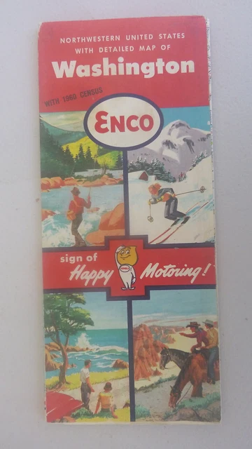 1961 Washington road map  Enco gas Northwestern United States  early interstate
