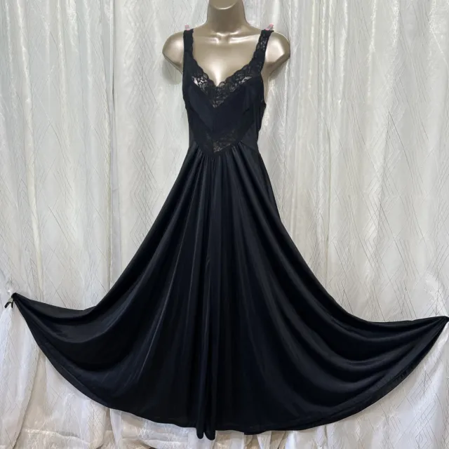 VTG M L Black Nightgown Chevron RARE Shiny Nylon Sexy Olga Esque Full sweep