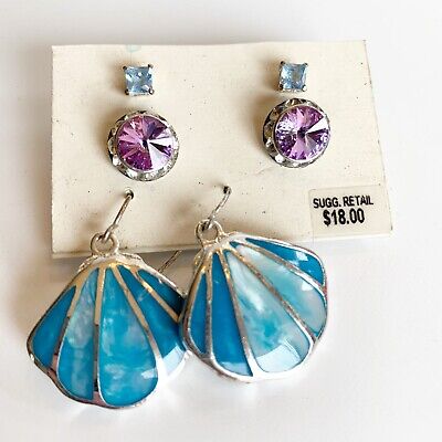 Earrings Set of 3 Blue Shell Dangle Posts Purple Studs NEW Abalone DR2