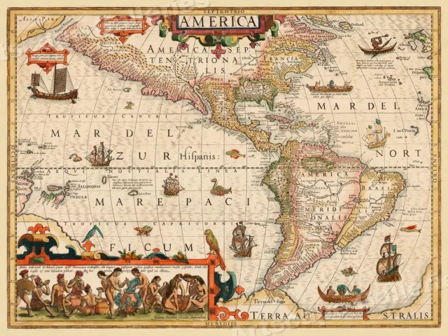 New World North South America 1609 Vintage Style Illustrated Map - 18x24