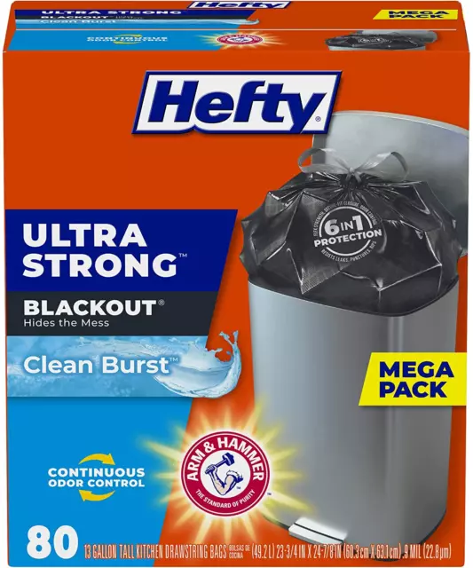 Ultra Strong Tall Kitchen Trash Bags, Blackout, Clean Burst, 13 Gallon, 80 Count