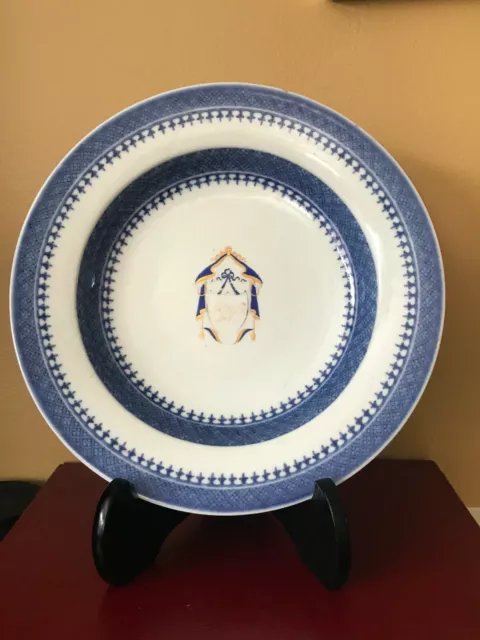 Rare Elegant Chinese Export Armorial Blue & White Porcelain Plate-Gilt 18-19th C