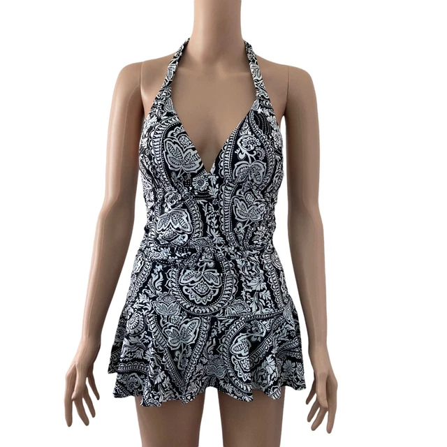 Rose Marie Reid Swim Dress Small Black White Floral Halter Stretch