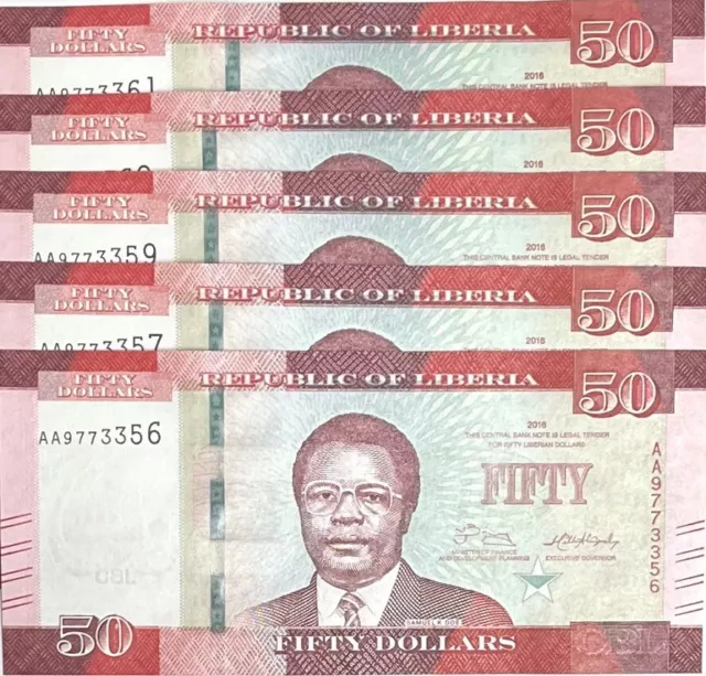 Liberia 50 Dollars  2016 P 34 a UNC LOT 5 PCS