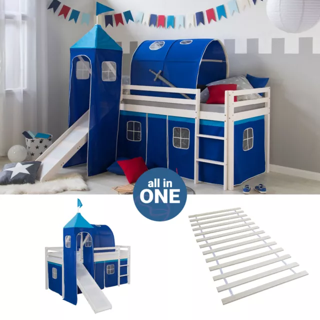 Cadre de Lit superposé 90x200 d'enfant Bois Tunnel Tour Bleu Lattes Homestyle4u