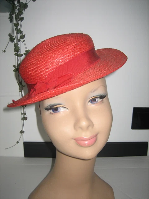Chapeau De Cérémonie En Paille Beige Avec Tulle, Feuilles Mauves Et Perles - Taille M