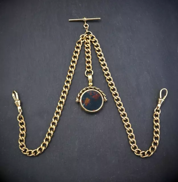 18ct Gold Plated Pocket Watch Double Albert Chain with Bloodstone Spinner