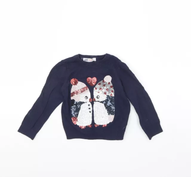 Maglione pullover blu H&M in cotone collo rotondo per bambina taglia 2 anni - pinguino