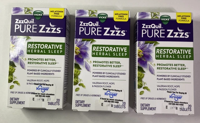 (3) Pastillas para dormir herbales restauradoras Vicks ZzzQuil PURE Zzzs 60 tabletas NUEVAS
