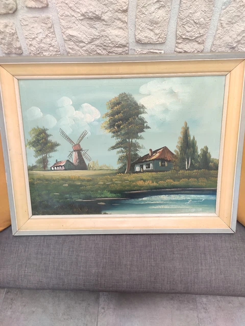 Peinture à L'huile Sur Carton - Paysage Moulin Hollandais, école Impressionniste, XIXe