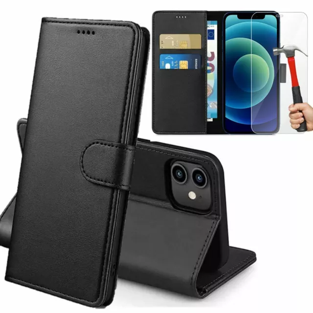 Coque Portefeuille + Verre Trempé pour iPhone 13 Pro Max 13 12 11 XS XR SE 6 7 8