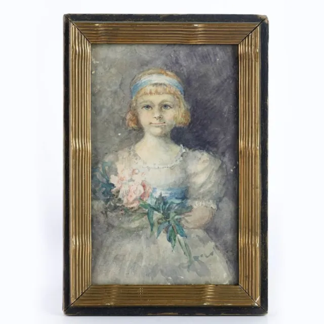 Antico Quadro DIPINTO ACQUERELLO Ritratto di Ragazza Fanciulla 1917 e Cornice