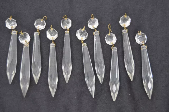 10 Vintage Cut Crystal Prisms gold pins Chandelier Lustre Lamp Parts Spear 4"