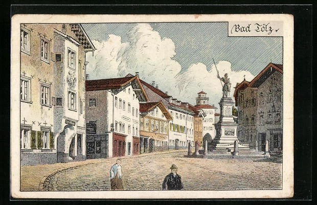 Künstler-AK Bad Tölz, Straßenpartie mit Geschäften und Denkmal 1923