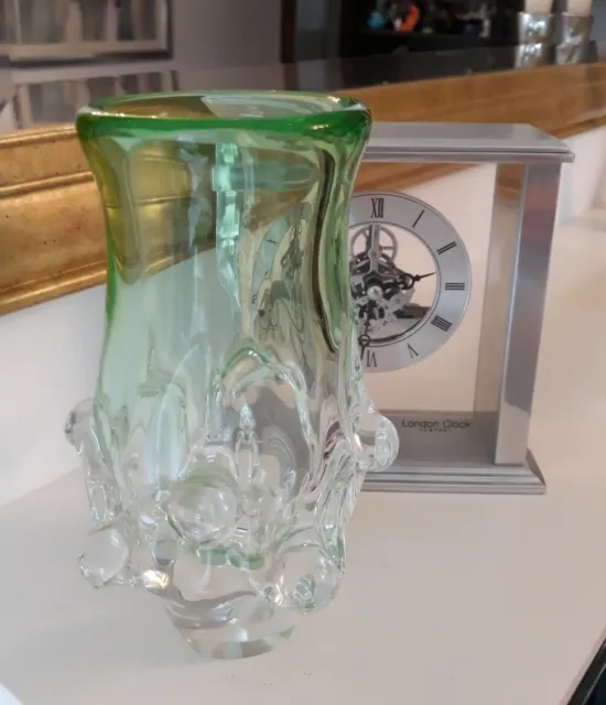 Vintage Skrdlovice Ladislav Palecek Green / Clear Czech Art Glass Vase
