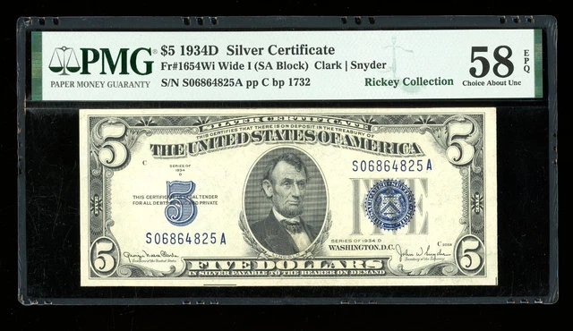 DBR 1934-D $5 Silver Fr. 1654Wi Wide I SA Block PMG 58 EPQ Serial S06864825A