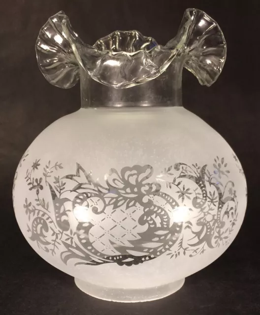 New 4" Fitter Etched Filigree Glass Gas Globe Lamp Shade w/ Crimped Top 8.5" Ht.