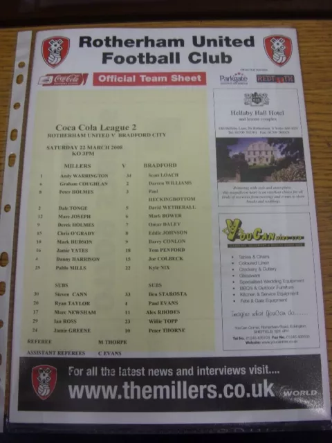 22/03/2008 Colour Teamsheet: Rotherham United v Bradford City [Missprinted - Lar