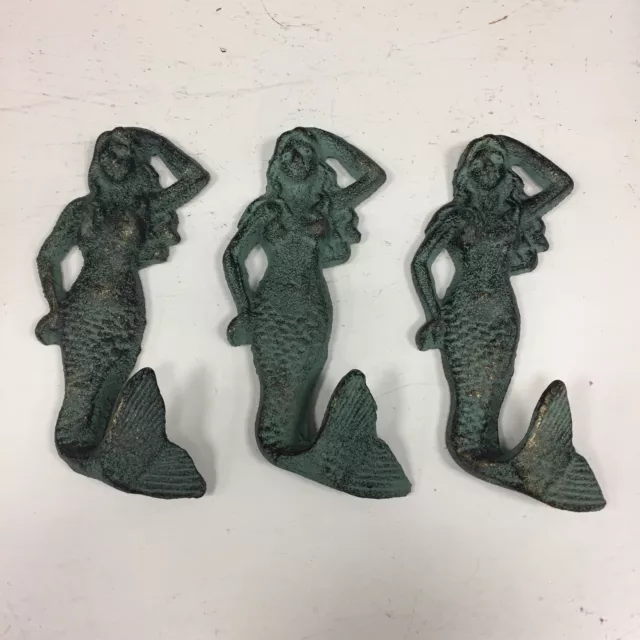 Lot of 3 Cast Iron Mermaid Hangers Bed Room Key Robe Home Beach Lake House