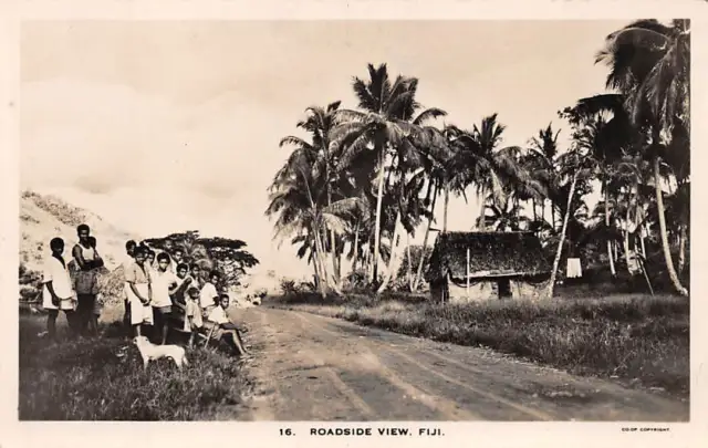 FIJI, COUNTRY ROADSIDE VIEW, HOMES, PEOPLE, REAL PHOTO PC, c. 1920-30's