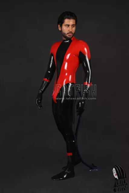 LATEX OVERALL RUBBER Catsuit Wetlook Black&Red Jumpsuit Tights Suit 0 ...