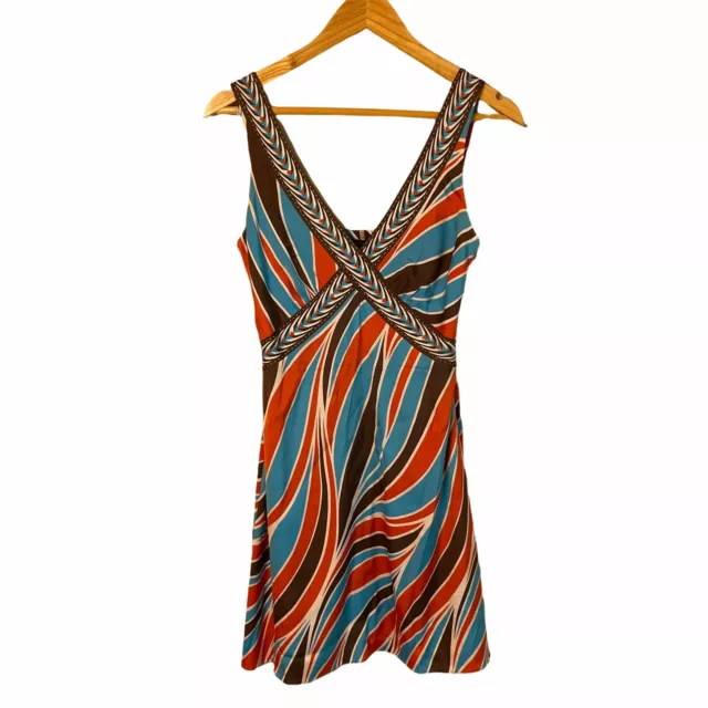 Elie Tahari Blue Orange Stripe Abstract V Neck Sleeveless Silk Dress Size 4