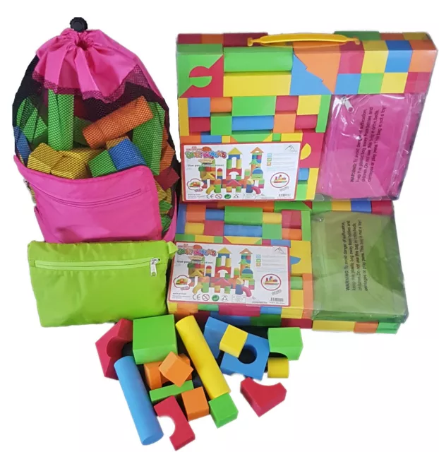 100 Piece EVA Foam Building Blocks for Kids incl. Carry Bag. (Pink or Green)