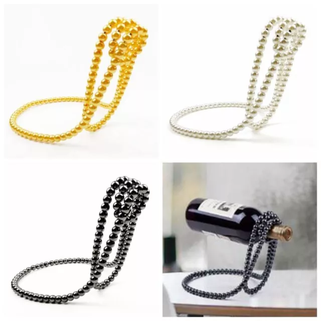Gold Color Pearl Necklace Floating Wine Rack Metal Wine Bottle Holder