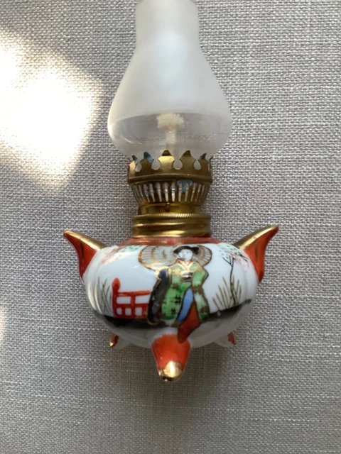 Vintage Miniature Oil Lamp Porcelain - Frosted Glass- With Shade-  Wick