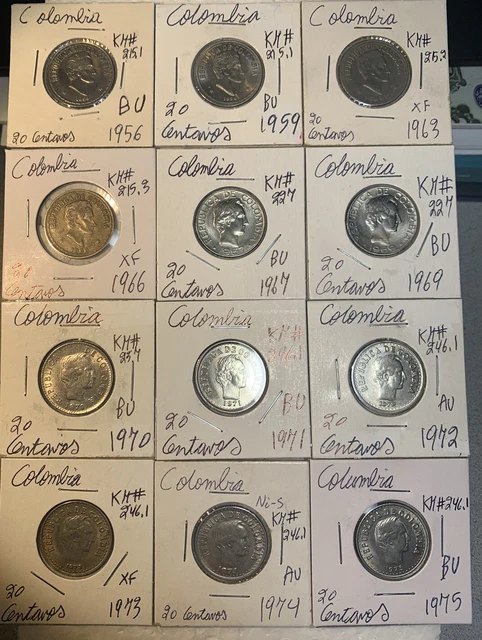1956 - 1975 Colombia 20 Centavos 12 Coin Lot High Grades XF - BU Condition Coins