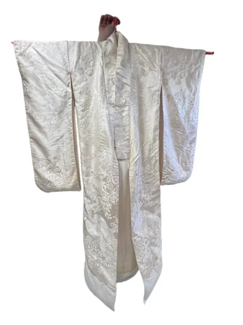 Japanese Kimono Uchikake Vintage Silk Ivory Wedding Luxurious Peacocks