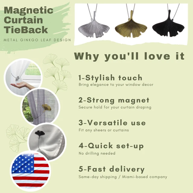 Set of 2 Magnetic Curtain Tiebacks with Metal Ginkgo Leaf Design