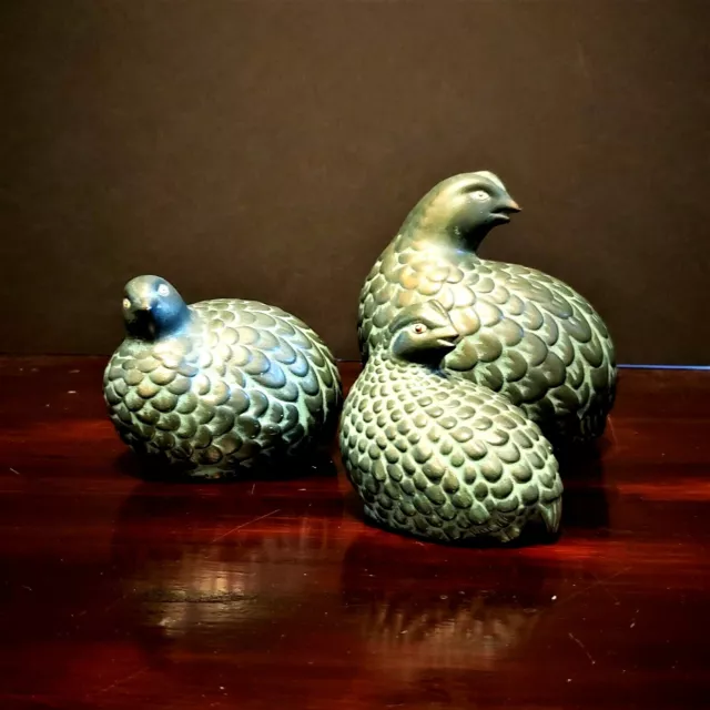 Arnel's Quail/Partridge Ceramic Grey Aqua Set of Three hand painted signed Naomi