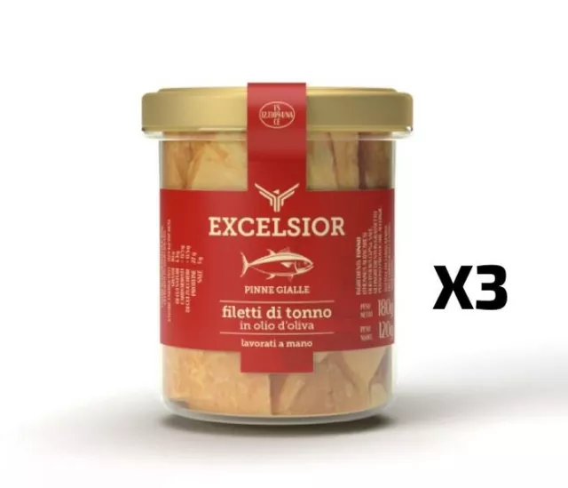 3 vasetti Filetti di Tonno Pinne Gialle Excelsior in olio di oliva Alta Qualità