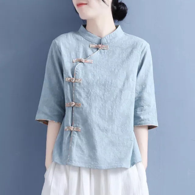 Womens Retro Chinese Style Tang Tops Cotton Linen Stand Collar Half Sleeve Shirt