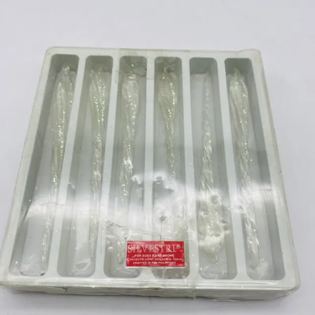 Vintage Silvestri Set of 6 Clear Glitter shimmer  Glass Twist Icicle Ornaments