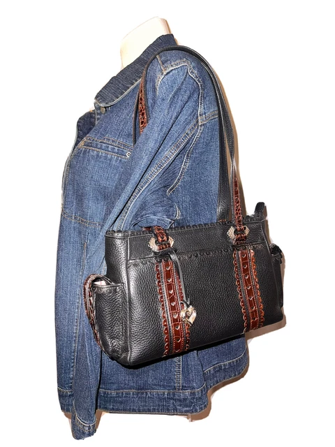 BRIGHTON Purse Black Pebbled w/Brown CROC Embossed Heart Detail Shoulder Bag