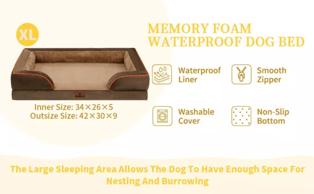 XL Brown Dog Bed Orthopedic Memory Foam Waterproof Sofa Removable Bolster Cover