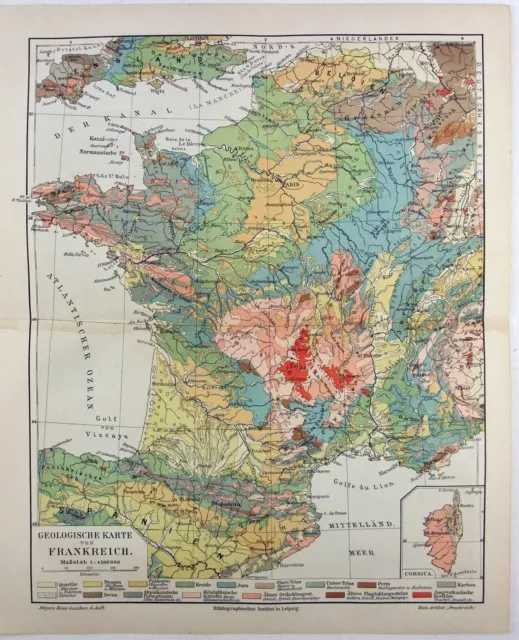 France - Original 1905 Geological Map by Meyers Geologische Karte von Frankreich